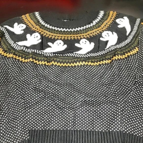 Halloween Black and White Ghost Pattern Sweater Sizes L, XL, and XXL - Picture 3 of 7